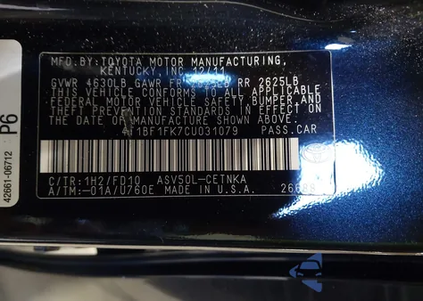 2012 Toyota Camry Le from USA, damaged, VIN 4T1BF1FK7CU031079